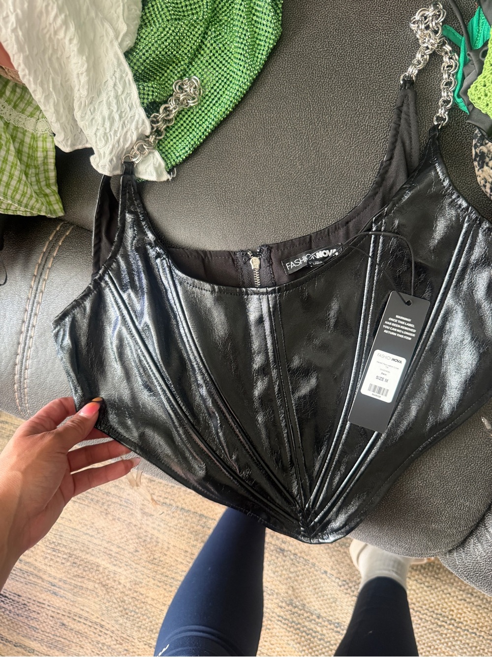 Black Vegan Leather Chain-Strap Crop Top